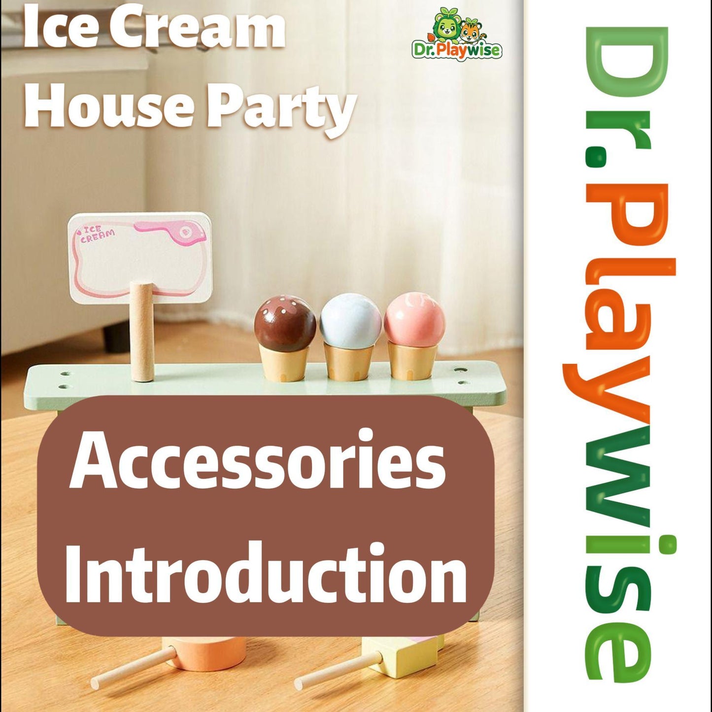Wooden Pretend Play Ice Cream Set with Double Shelf – 15-Piece Role Play Toy Including 4 Ice Creams, 4 Cones, 6 Toppings & Advertising Board – Ideal for Toddlers Age 3+