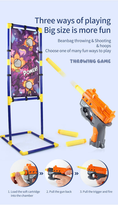 3-in-1 Kids' Carnival Game Set – Bean Bag Toss, Soft Dart Shooting & Ring Toss with 1 Blasters, 6 Foam Darts & 6 Bean Bags & 12 Hoops– Indoor/Outdoor Fun for Ages 5+ – Perfect Party Gift