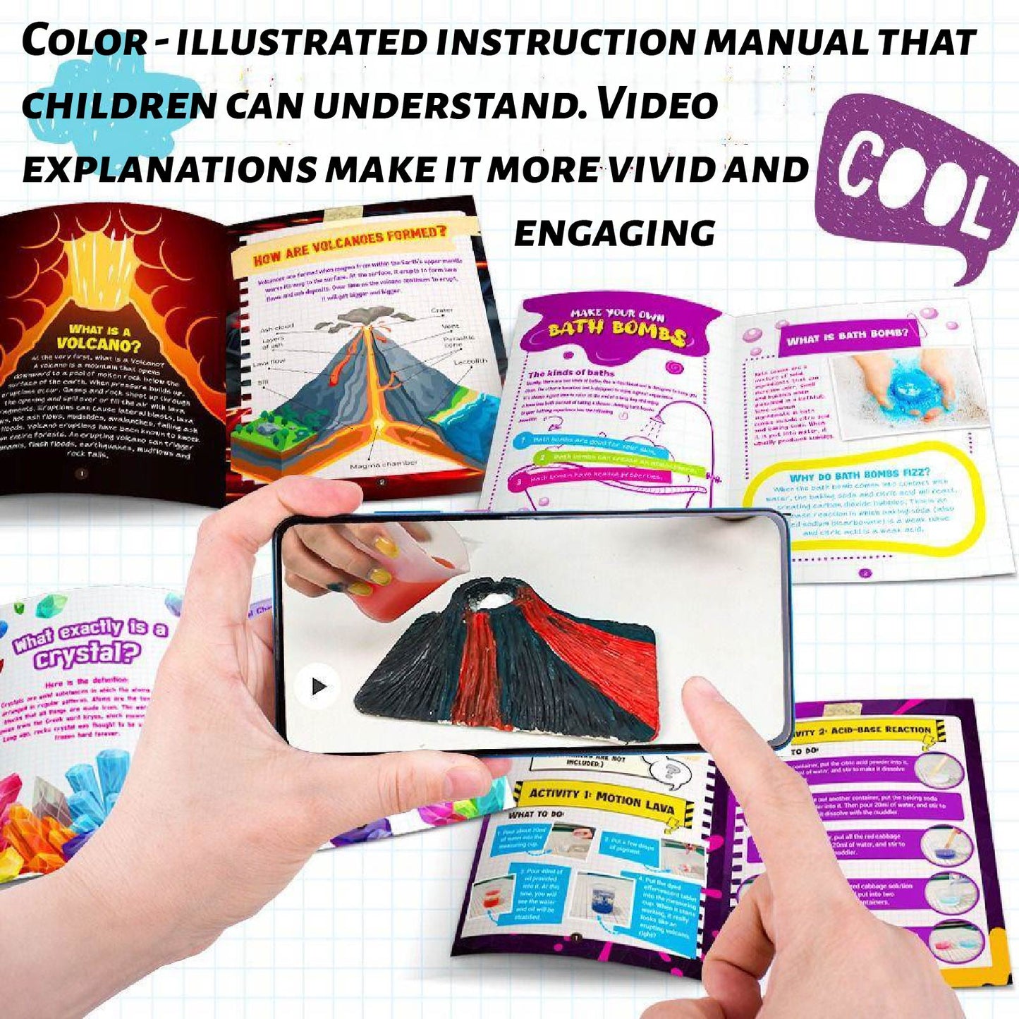 Volcano Eruption Science Experiment Kit for Kids - STEM Learning Toy with 6-Color Paint Strips, Paint Pens, Stirring Stick, Measuring Cup, Goggles and Realistic Eruption Mold - Ages 8+