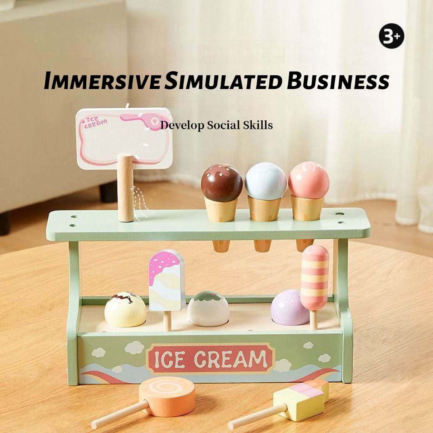Wooden Pretend Play Ice Cream Set with Double Shelf – 15-Piece Role Play Toy Including 4 Ice Creams, 4 Cones, 6 Toppings & Advertising Board – Ideal for Toddlers Age 3+