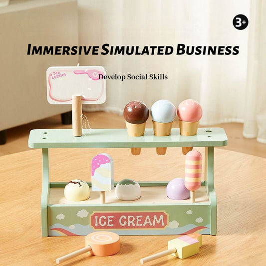 Wooden Pretend Play Ice Cream Set with Double Shelf – 15-Piece Role Play Toy Including 4 Ice Creams, 4 Cones, 6 Toppings & Advertising Board – Ideal for Toddlers Age 3+