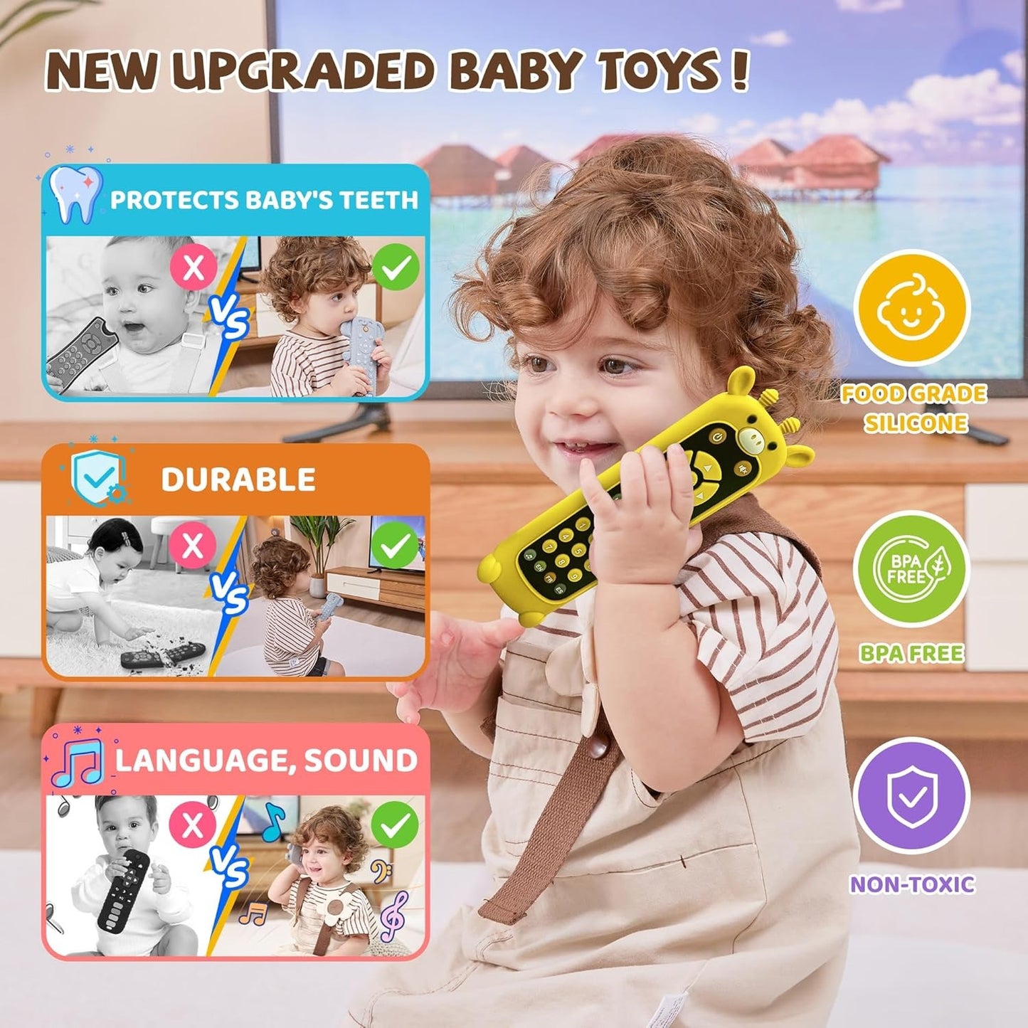 Baby Remote Control Toy with Koala Giraffe Cat Monkey Silicone Cover - Educational Musical Baby Toddler Toy with Realistic Games, Lights and Sounds - 6, 9, 12, 18 Months Boy Girl Gift
