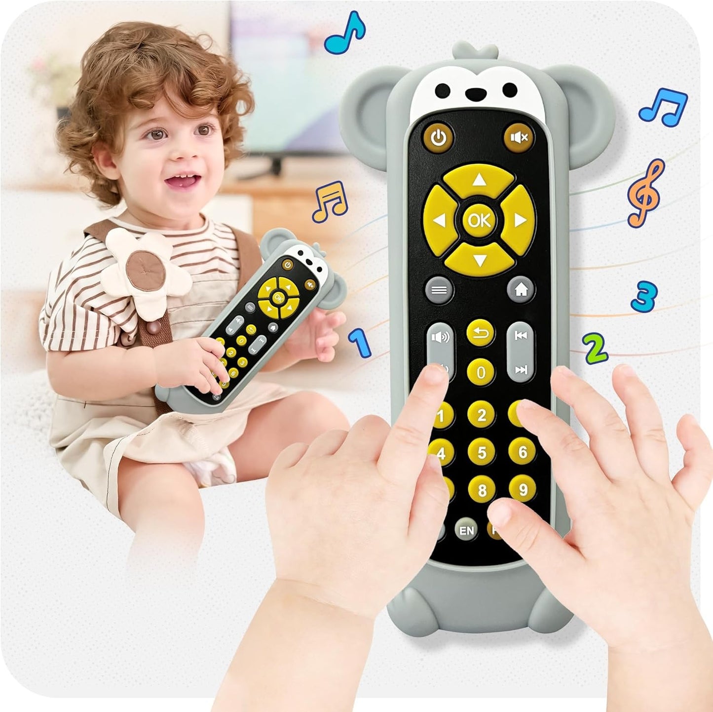 Baby Remote Control Toy with Koala Giraffe Cat Monkey Silicone Cover - Educational Musical Baby Toddler Toy with Realistic Games, Lights and Sounds - 6, 9, 12, 18 Months Boy Girl Gift