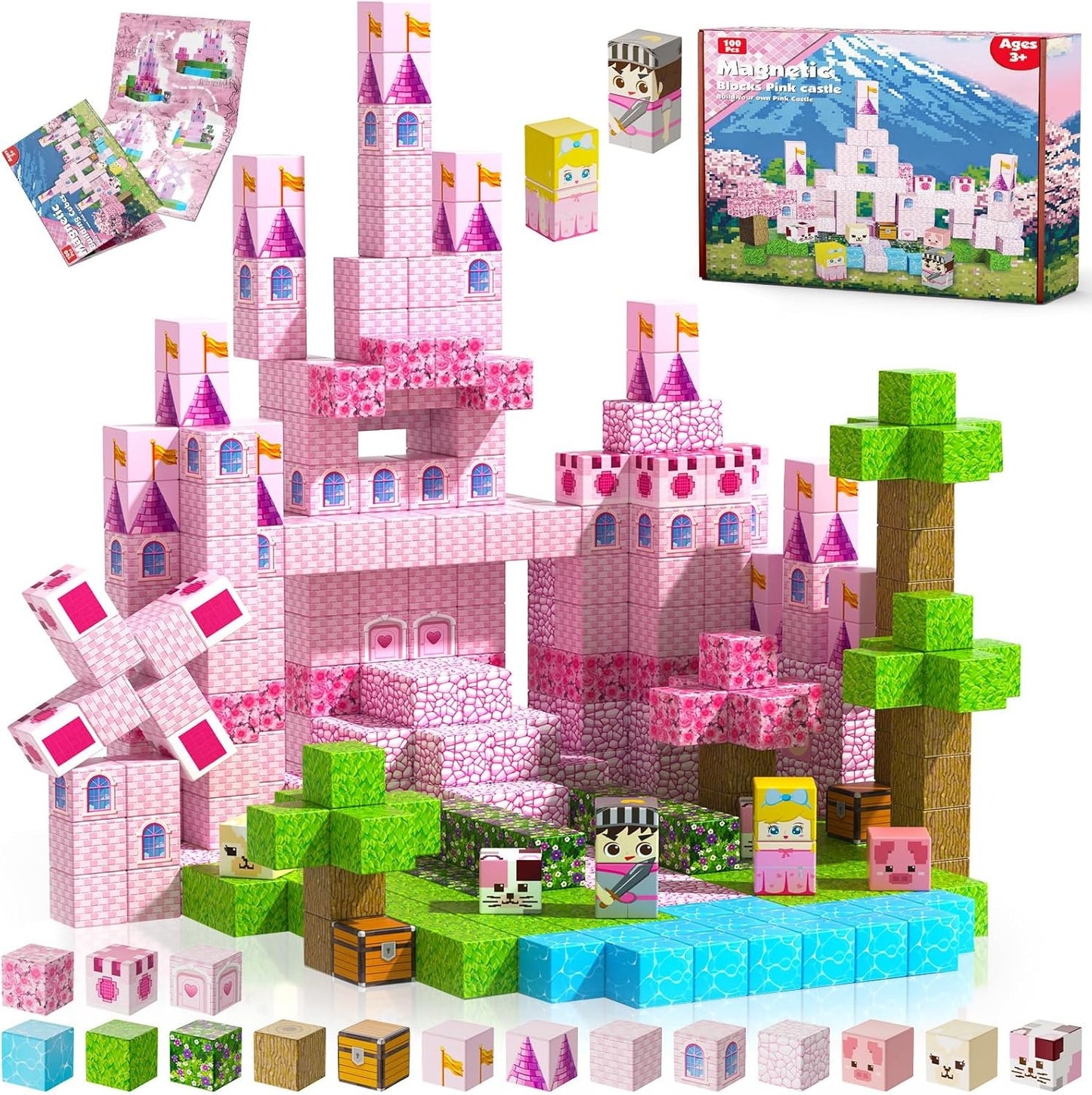Magnetic STEM Building Blocks Set (100 Cubes Tiles) | Build Princess Castles & Gardens | 3-10 Year Old Kids Birthday Easter Toy Gift