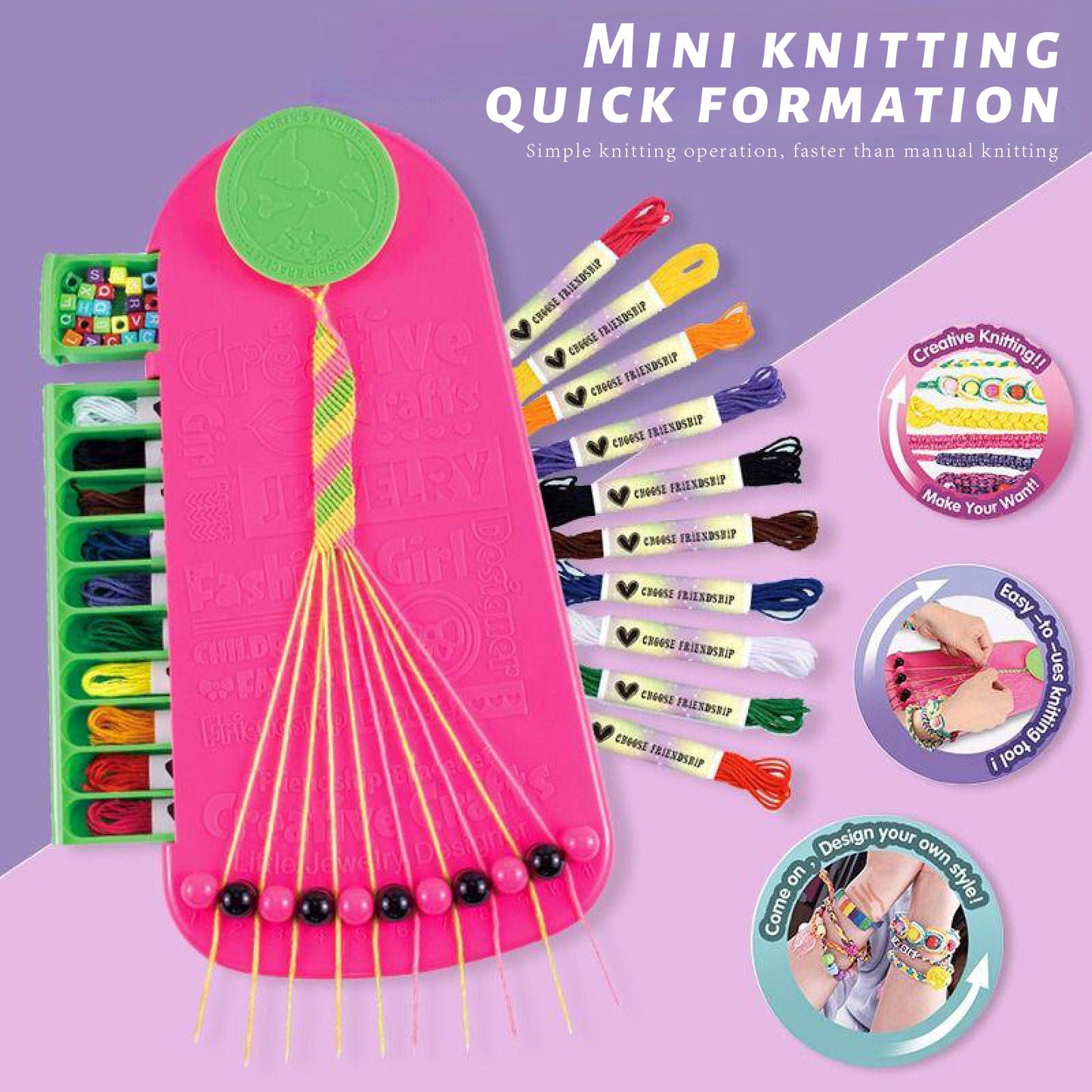 DIY Friendship Bracelet Maker Kit with Letter Beads – Cotton Thread Weaving Set for Kids Age 6+ – Includes Weaving Board, 10 Colored Threads & Alphabet Beads