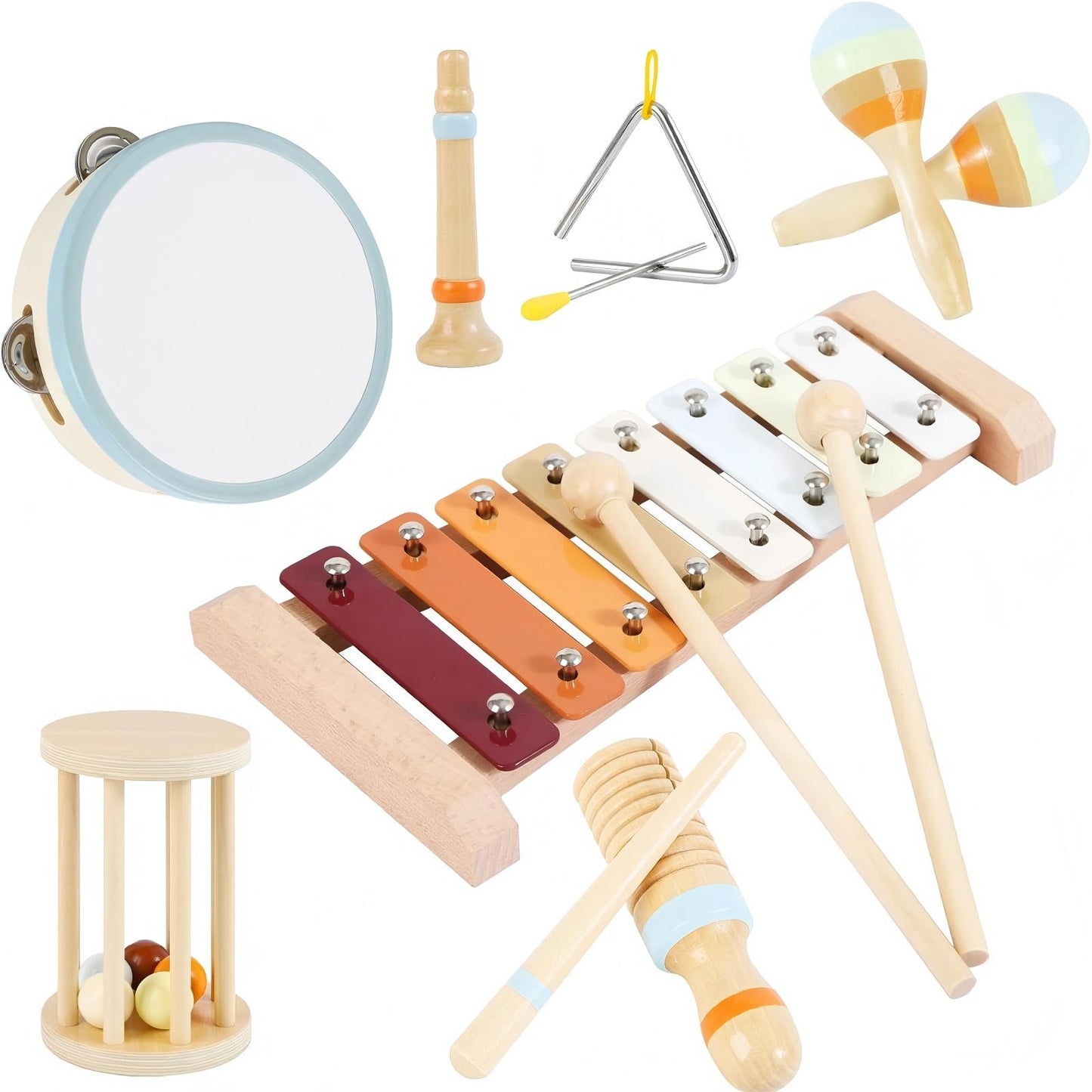 Montessori Wooden 7-Piece Orff Instrument Set for Kids - Includes Xylophone, Double Bells, Trumpet, Rain Stick, Triangle, Drum & Maracas - Educational Early Music Toys for Ages 18 Months+