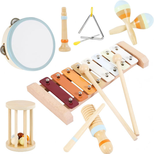 Montessori Wooden 7-Piece Orff Instrument Set for Kids - Includes Xylophone, Double Bells, Trumpet, Rain Stick, Triangle, Drum & Maracas - Educational Early Music Toys for Ages 18 Months+