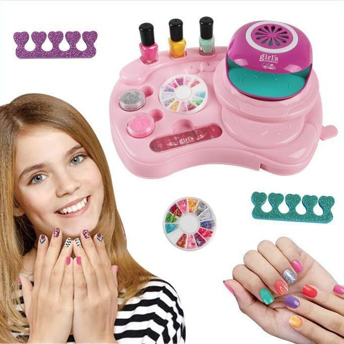 3-in-1 Kids Nail Art Kit with 3 &nbsp;Polishes, Mini Dryer &amp; 12-Color Sparkle Set – Includes Separators, File &amp; White Detail Pen – Pretend Play Makeup for Girls Age 6+