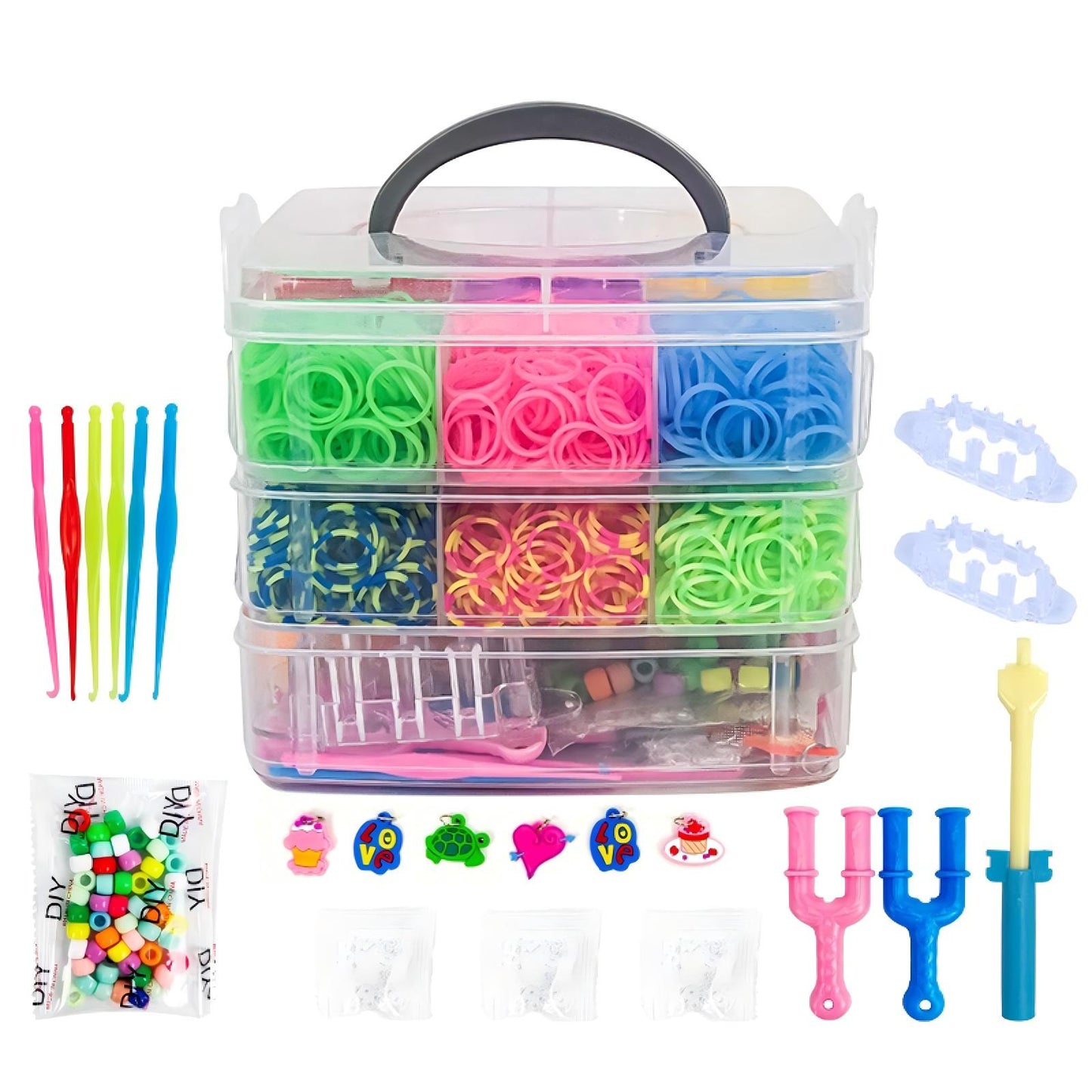 4500-Piece Rainbow Kit  – 3-Layer Box Includes 4500 Rubber Bands, 2 Slingshots, 6 Hooks & Charms – DIY Friendship Bracelet Making Set for Kids Age 5+