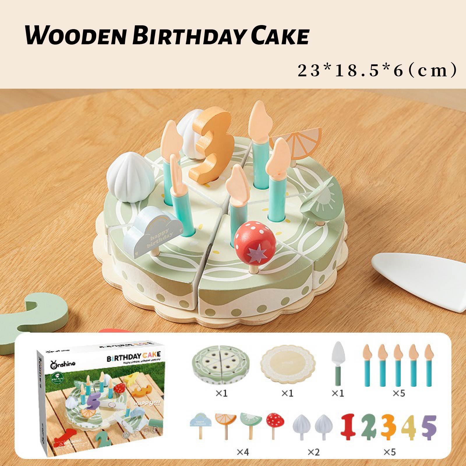 Wooden Birthday Cake Pretend Play Set – 16-Piece Kit with 6-Slice Cake, Removable Candles & Fruits – Ideal for Tea Parties, Role Play & Ages 3+