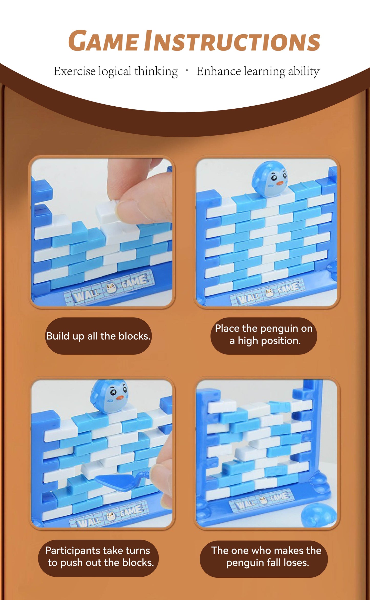 3D Ice Block Penguin Tapping Mini Game - Mini Brick Pushing Educational Toy for Kids & Adults - Family Interactive Board Game with Safe Materials