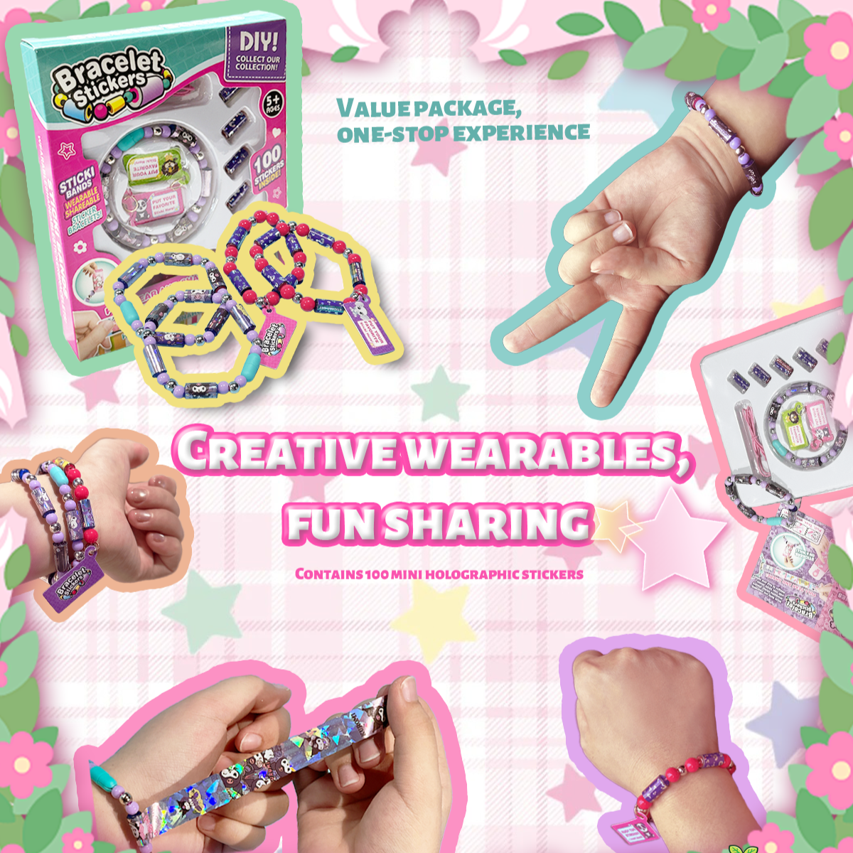 100+ Holographic Wearable Shareable Sticker Bracelet Set | with Mystery Rare Sticker Rolls | DIY Kawaii Surprise Toy for Girls