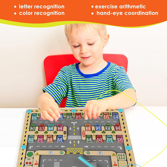 Designed for 3 - 5-Year-Olds! Magnetic Alphabet Maze + Parking Lot - Educational Learning Toy for Effortless Letter and Color Learning, Improving Hand Dexterity