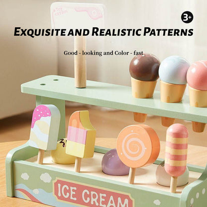 Wooden Pretend Play Ice Cream Set with Double Shelf – 15-Piece Role Play Toy Including 4 Ice Creams, 4 Cones, 6 Toppings & Advertising Board – Ideal for Toddlers Age 3+