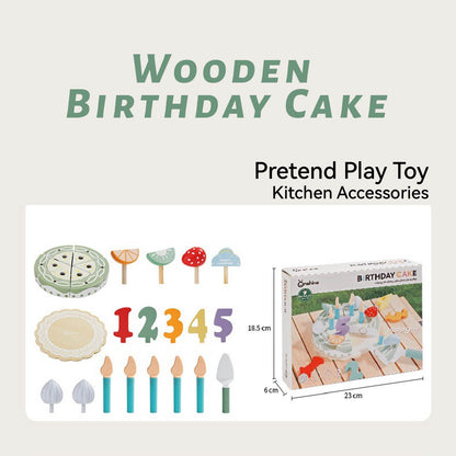 Wooden Birthday Cake Pretend Play Set – 16-Piece Kit with 6-Slice Cake, Removable Candles & Fruits – Ideal for Tea Parties, Role Play & Ages 3+
