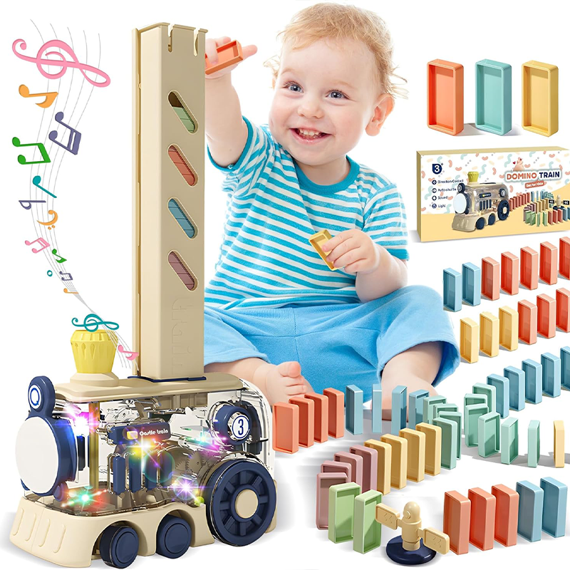 Domino Train Toy, 200 Pieces Kids Game Automatic Domino Set, STEM Montessori Toys for 3 Year Olds, Creative Gift with Colorful Lights and Music