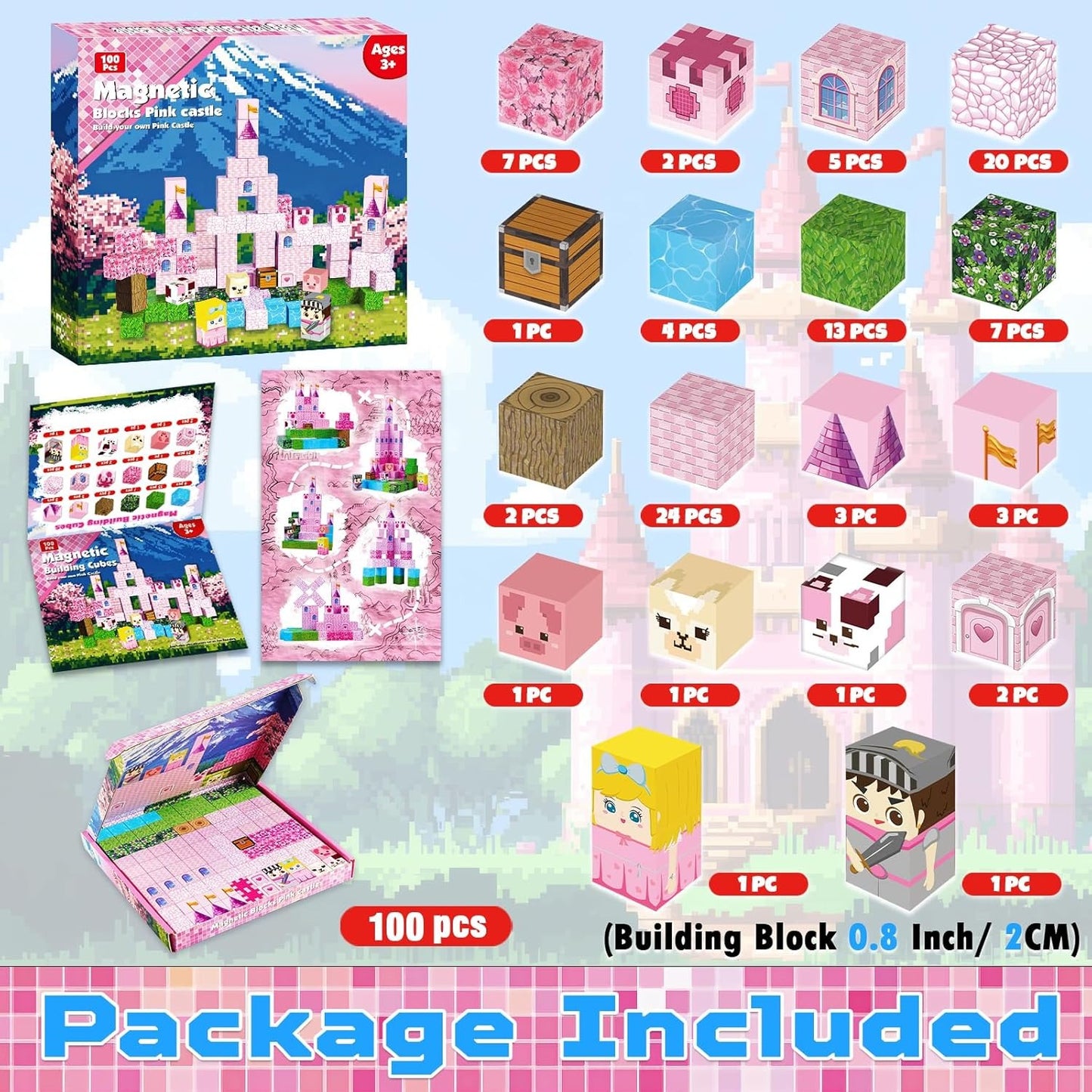 Magnetic STEM Building Blocks Set (100 Cubes Tiles) | Build Princess Castles & Gardens | 3-10 Year Old Kids Birthday Easter Toy Gift