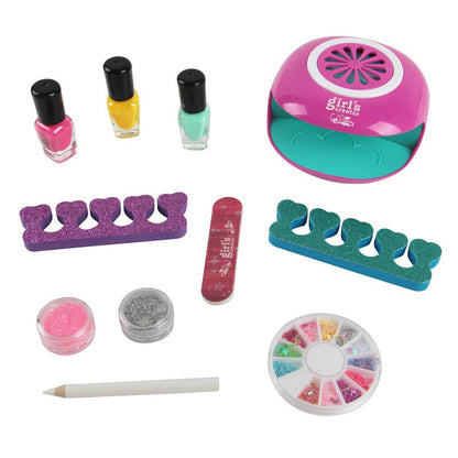 3-in-1 Kids Nail Art Kit with 3 &nbsp;Polishes, Mini Dryer &amp; 12-Color Sparkle Set – Includes Separators, File &amp; White Detail Pen – Pretend Play Makeup for Girls Age 6+