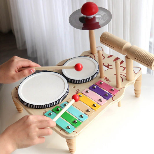 Montessori Wooden Musical Activity Table with Drum Set – 8-in-1 Toddler Drum Kit Including Xylophone, Cymbal & Bell – Early Development Toy for 18 Months+ Kids