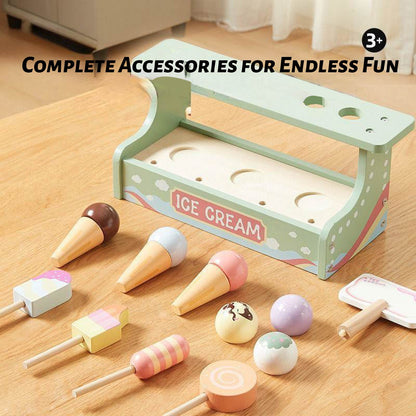 Wooden Pretend Play Ice Cream Set with Double Shelf – 15-Piece Role Play Toy Including 4 Ice Creams, 4 Cones, 6 Toppings & Advertising Board – Ideal for Toddlers Age 3+