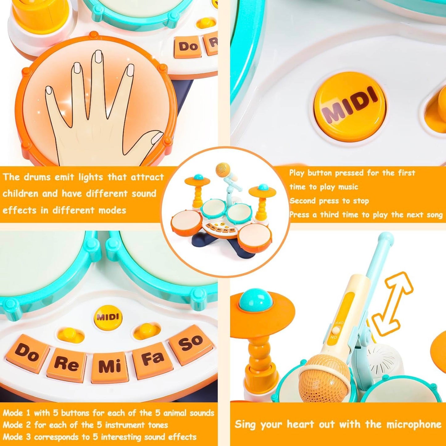 Kids Drum Set Toy - Early Education & Brain - Building Musical Jazz Hand - Clapping Drum for Babies - Karaoke & Percussion Instrument for Toddlers