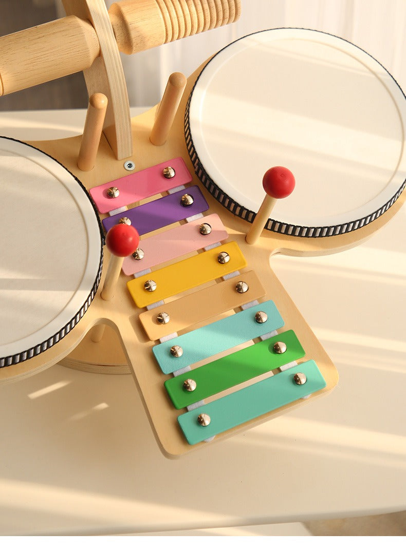 Montessori Wooden Musical Activity Table with Drum Set – 8-in-1 Toddler Drum Kit Including Xylophone, Cymbal & Bell – Early Development Toy for 18 Months+ Kids