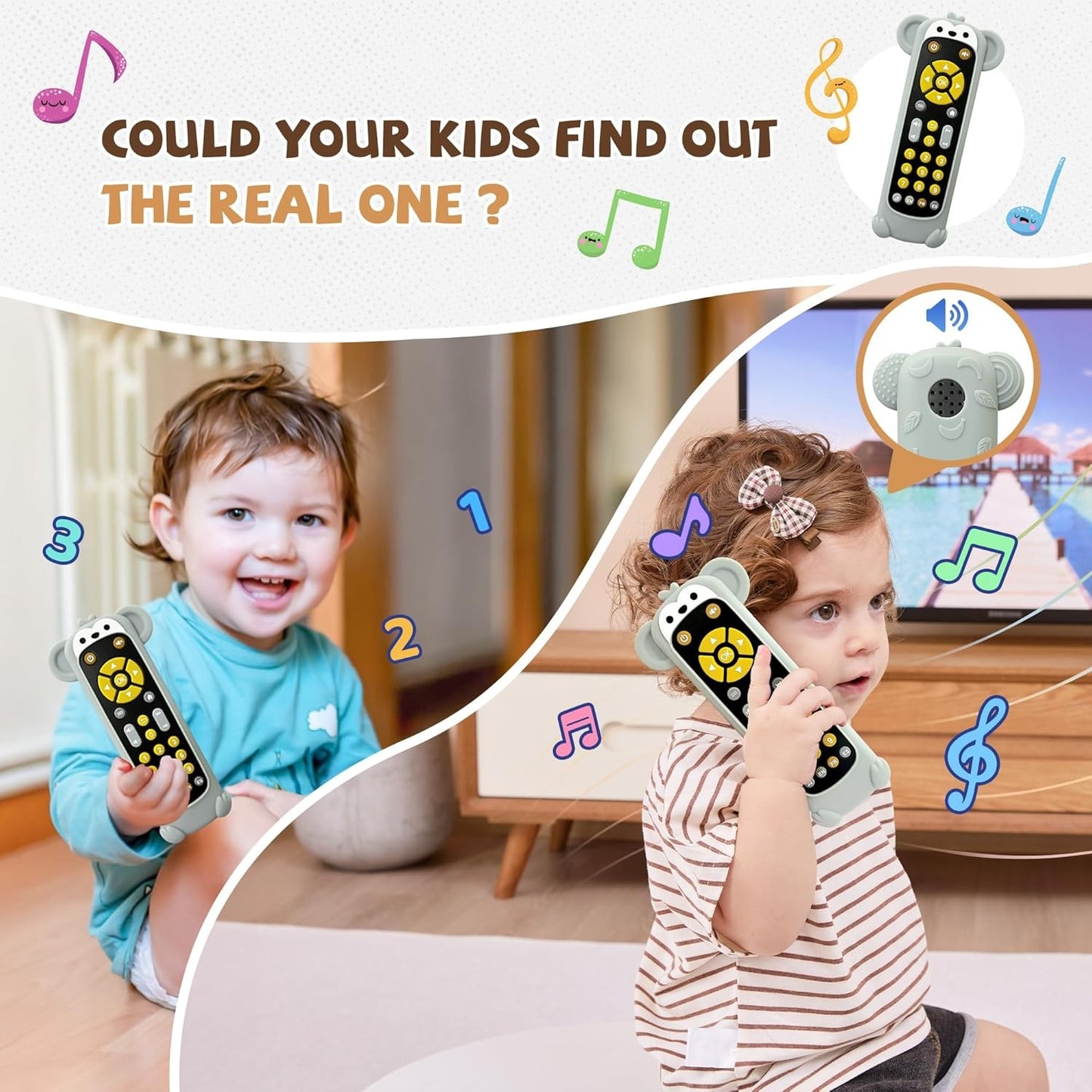 Baby Remote Control Toy with Koala Giraffe Cat Monkey Silicone Cover - Educational Musical Baby Toddler Toy with Realistic Games, Lights and Sounds - 6, 9, 12, 18 Months Boy Girl Gift