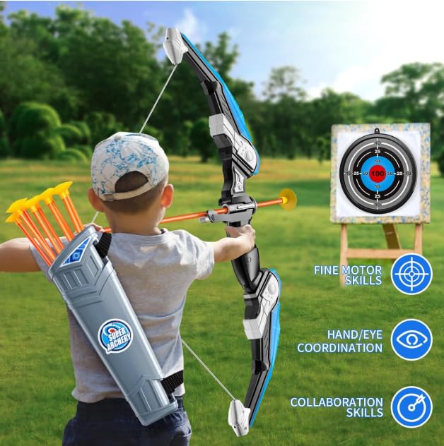 Cool LED Archery Toy Set - 1 Bow with 10 Suction - Cup Arrows, 1 Quiver, 1 Dartboard & 3 Bottles, Ideal for Boys and Girls Aged 3 - 12 for Indoor and Outdoor Play