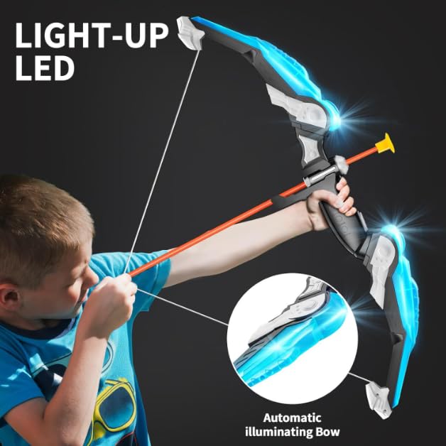 Cool LED Archery Toy Set - 1 Bow with 10 Suction - Cup Arrows, 1 Quiver, 1 Dartboard & 3 Bottles, Ideal for Boys and Girls Aged 3 - 12 for Indoor and Outdoor Play