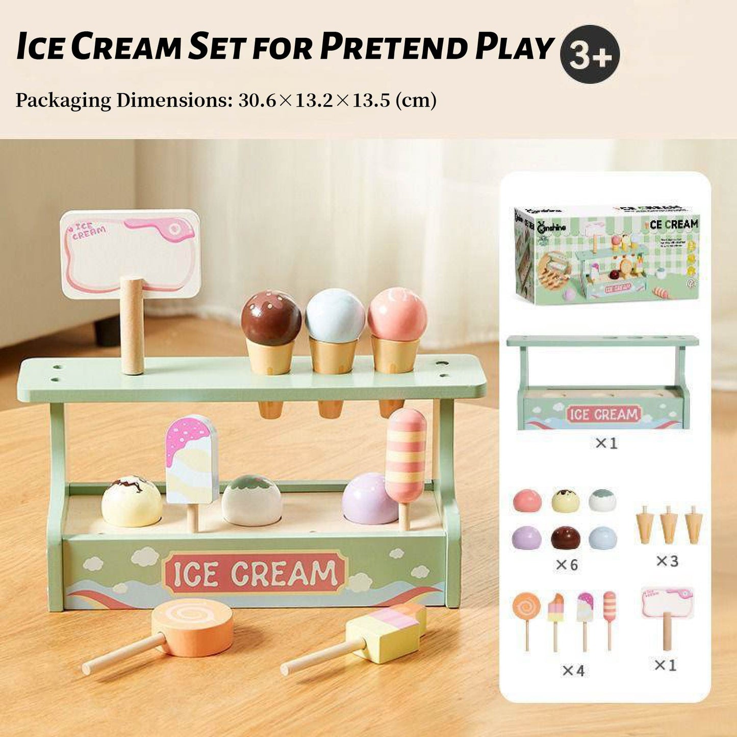 Wooden Pretend Play Ice Cream Set with Double Shelf – 15-Piece Role Play Toy Including 4 Ice Creams, 4 Cones, 6 Toppings & Advertising Board – Ideal for Toddlers Age 3+