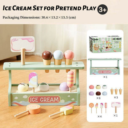 Wooden Pretend Play Ice Cream Set with Double Shelf – 15-Piece Role Play Toy Including 4 Ice Creams, 4 Cones, 6 Toppings & Advertising Board – Ideal for Toddlers Age 3+