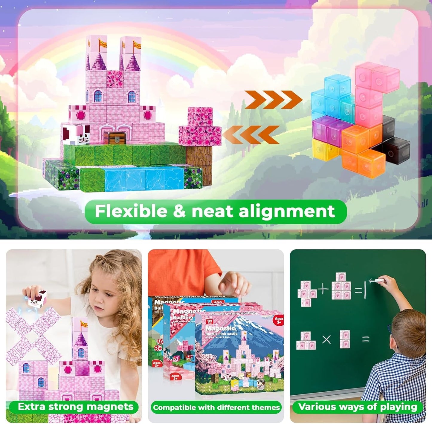 Magnetic STEM Building Blocks Set (100 Cubes Tiles) | Build Princess Castles & Gardens | 3-10 Year Old Kids Birthday Easter Toy Gift