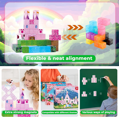 Magnetic STEM Building Blocks Set (100 Cubes Tiles) | Build Princess Castles & Gardens | 3-10 Year Old Kids Birthday Easter Toy Gift