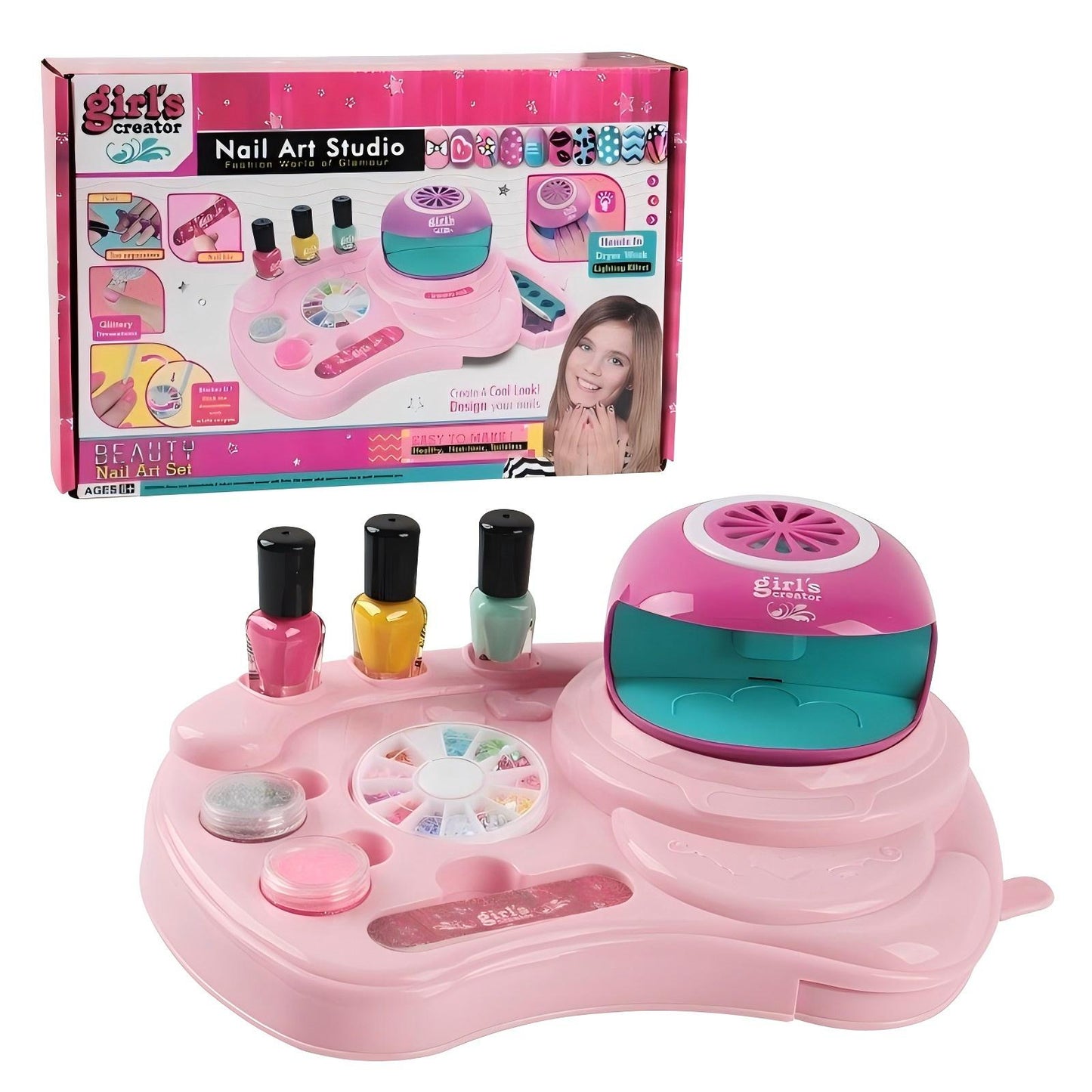 3-in-1 Kids Nail Art Kit with 3 &nbsp;Polishes, Mini Dryer &amp; 12-Color Sparkle Set – Includes Separators, File &amp; White Detail Pen – Pretend Play Makeup for Girls Age 6+