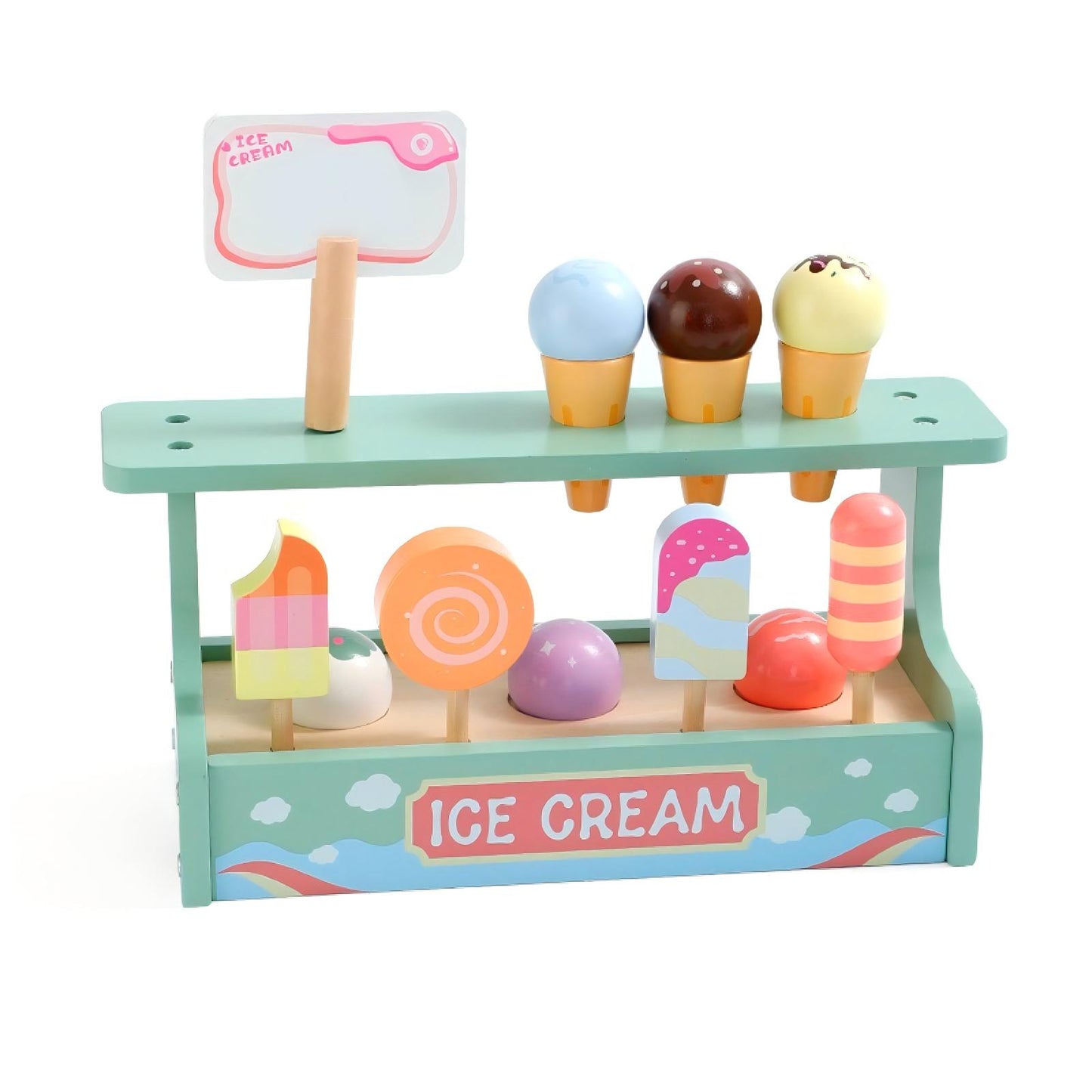 Wooden Pretend Play Ice Cream Set with Double Shelf – 15-Piece Role Play Toy Including 4 Ice Creams, 4 Cones, 6 Toppings & Advertising Board – Ideal for Toddlers Age 3+
