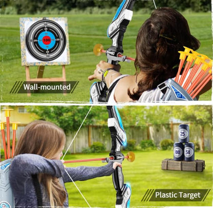 Cool LED Archery Toy Set - 1 Bow with 10 Suction - Cup Arrows, 1 Quiver, 1 Dartboard & 3 Bottles, Ideal for Boys and Girls Aged 3 - 12 for Indoor and Outdoor Play