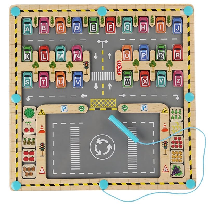 Designed for 3 - 5-Year-Olds! Magnetic Alphabet Maze + Parking Lot - Educational Learning Toy for Effortless Letter and Color Learning, Improving Hand Dexterity