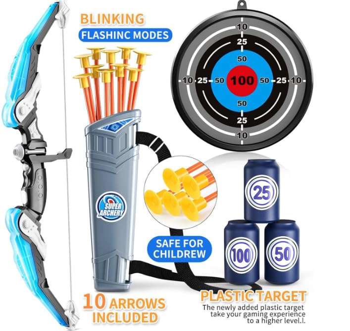 Cool LED Archery Toy Set - 1 Bow with 10 Suction - Cup Arrows, 1 Quiver, 1 Dartboard & 3 Bottles, Ideal for Boys and Girls Aged 3 - 12 for Indoor and Outdoor Play