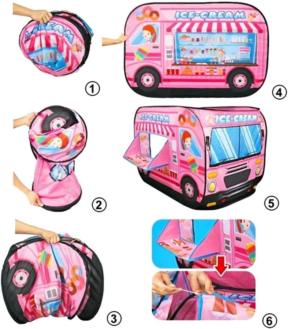 Pink Ice Cream Truck Pop Up Play Tent for Kids - Foldable Indoor/Outdoor Toy House No Assembly Needed, Gift for Girls Boys Aged 3 4 5 Years Old