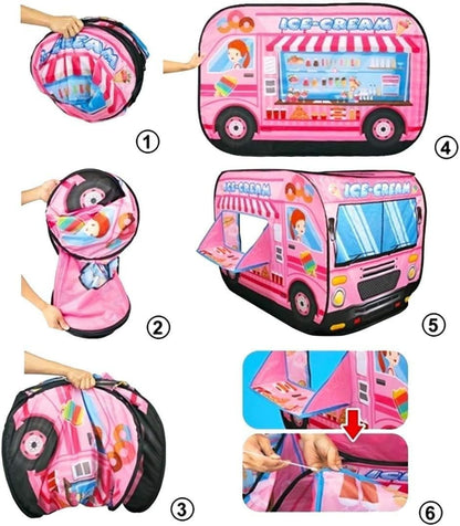 Pink Ice Cream Truck Pop Up Play Tent for Kids - Foldable Indoor/Outdoor Toy House No Assembly Needed, Gift for Girls Boys Aged 3 4 5 Years Old