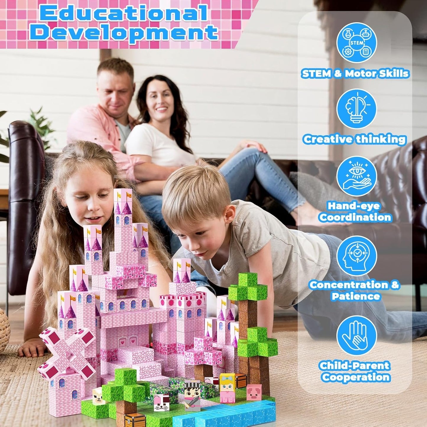 Magnetic STEM Building Blocks Set (100 Cubes Tiles) | Build Princess Castles & Gardens | 3-10 Year Old Kids Birthday Easter Toy Gift