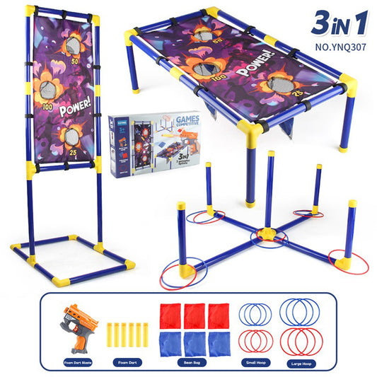 3-in-1 Kids' Carnival Game Set – Bean Bag Toss, Soft Dart Shooting & Ring Toss with 1 Blasters, 6 Foam Darts & 6 Bean Bags & 12 Hoops– Indoor/Outdoor Fun for Ages 5+ – Perfect Party Gift