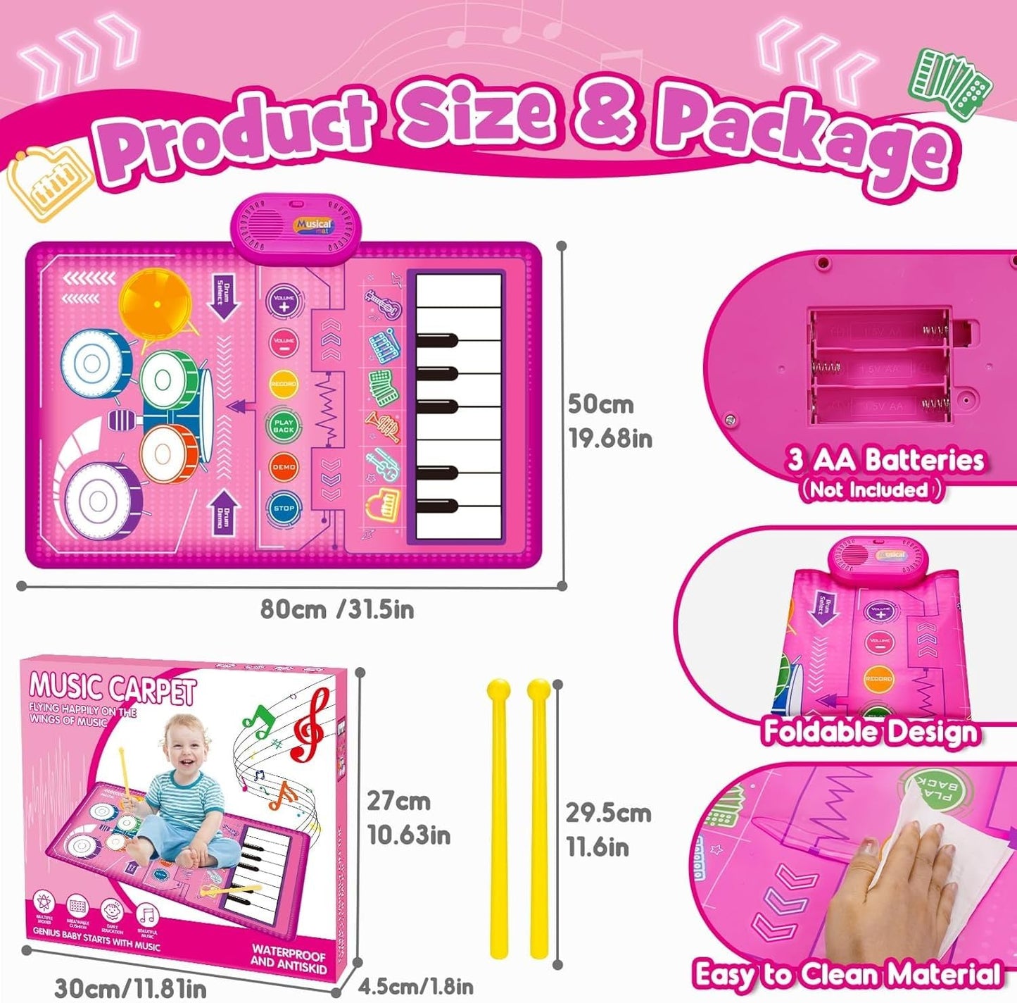 Musical Toys for 1 2 3 Year Old Girls, 3-in-1 Piano Drum Pads, Early Childhood Education Drum Musical Blankets, Gifts for 1 2 Year Old Girls Toddler Toys 1 Year Old Birthday Gift Easter Gifts for Kids