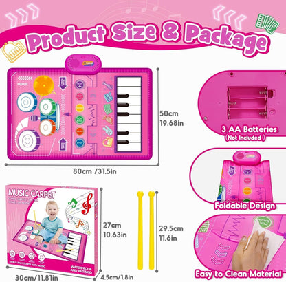 Musical Toys for 1 2 3 Year Old Girls, 3-in-1 Piano Drum Pads, Early Childhood Education Drum Musical Blankets, Gifts for 1 2 Year Old Girls Toddler Toys 1 Year Old Birthday Gift Easter Gifts for Kids