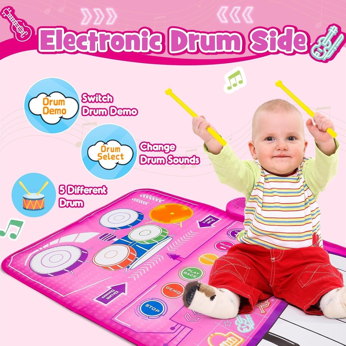 Musical Toys for 1 2 3 Year Old Girls, 3-in-1 Piano Drum Pads, Early Childhood Education Drum Musical Blankets, Gifts for 1 2 Year Old Girls Toddler Toys 1 Year Old Birthday Gift Easter Gifts for Kids