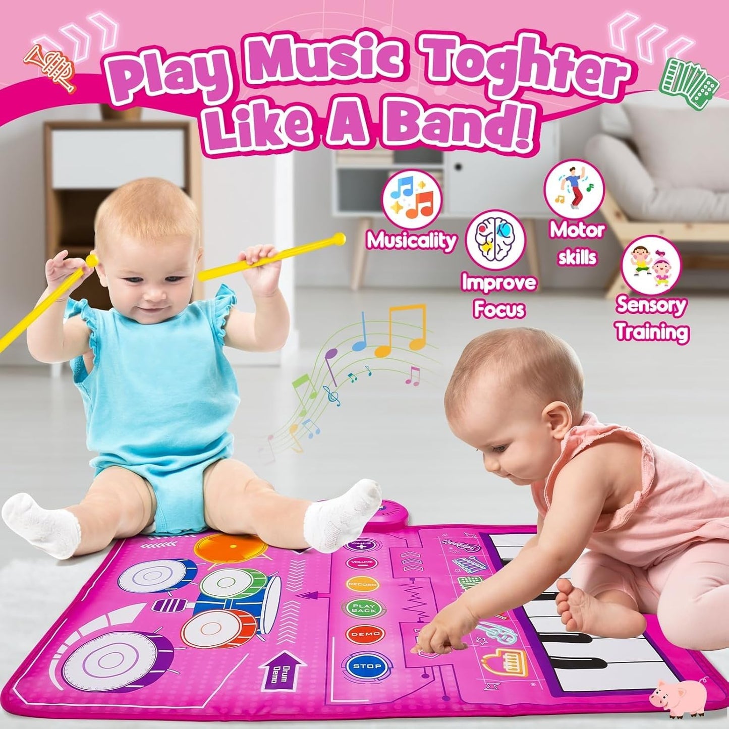 Musical Toys for 1 2 3 Year Old Girls, 3-in-1 Piano Drum Pads, Early Childhood Education Drum Musical Blankets, Gifts for 1 2 Year Old Girls Toddler Toys 1 Year Old Birthday Gift Easter Gifts for Kids