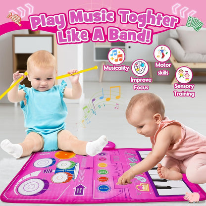 Musical Toys for 1 2 3 Year Old Girls, 3-in-1 Piano Drum Pads, Early Childhood Education Drum Musical Blankets, Gifts for 1 2 Year Old Girls Toddler Toys 1 Year Old Birthday Gift Easter Gifts for Kids
