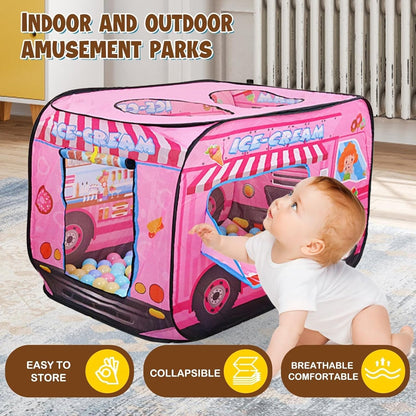 Pink Ice Cream Truck Pop Up Play Tent for Kids - Foldable Indoor/Outdoor Toy House No Assembly Needed, Gift for Girls Boys Aged 3 4 5 Years Old