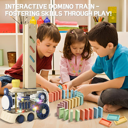 Domino Train Toy, 200 Pieces Kids Game Automatic Domino Set, STEM Montessori Toys for 3 Year Olds, Creative Gift with Colorful Lights and Music