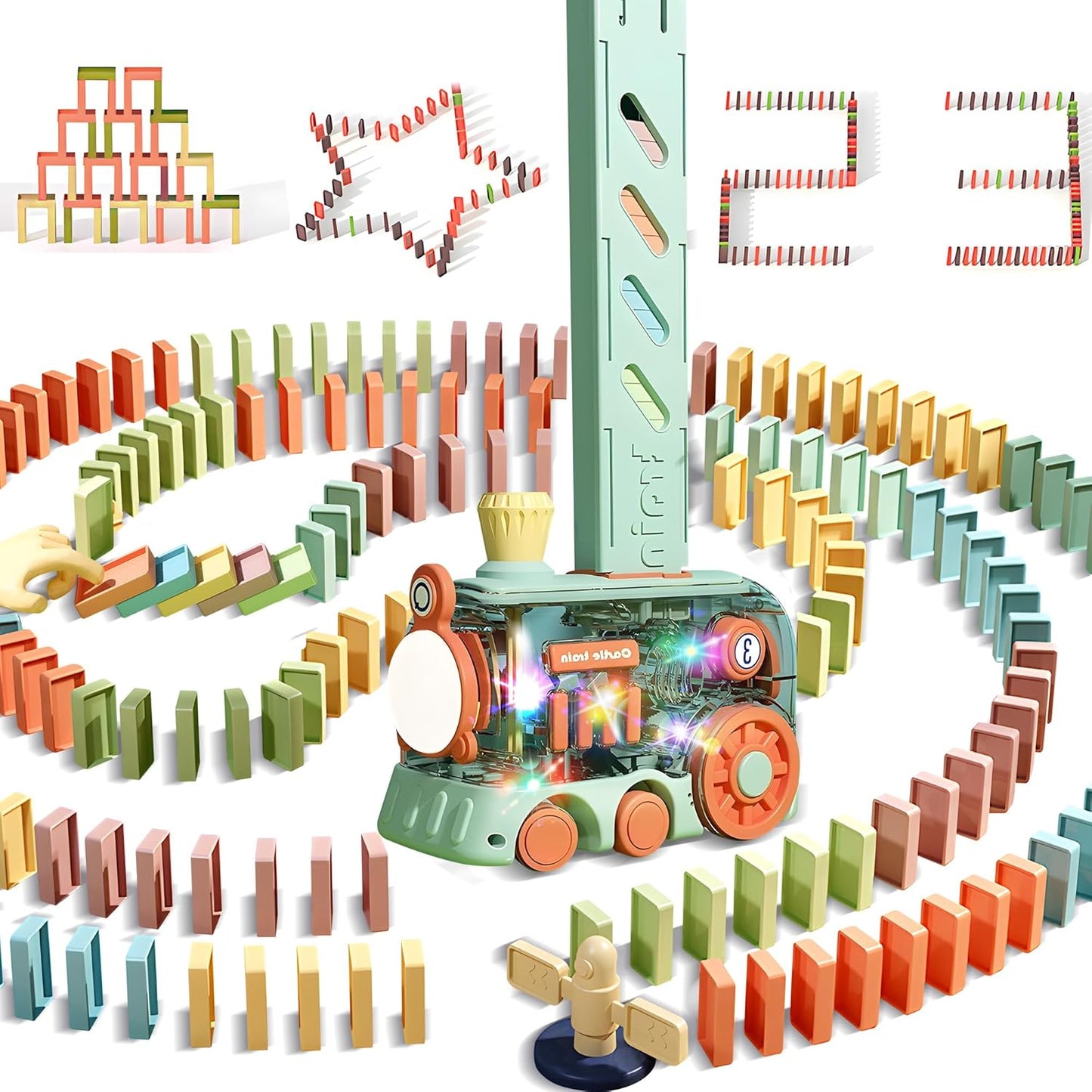 Domino Train Toy, 200 Pieces Kids Game Automatic Domino Set, STEM Montessori Toys for 3 Year Olds, Creative Gift with Colorful Lights and Music